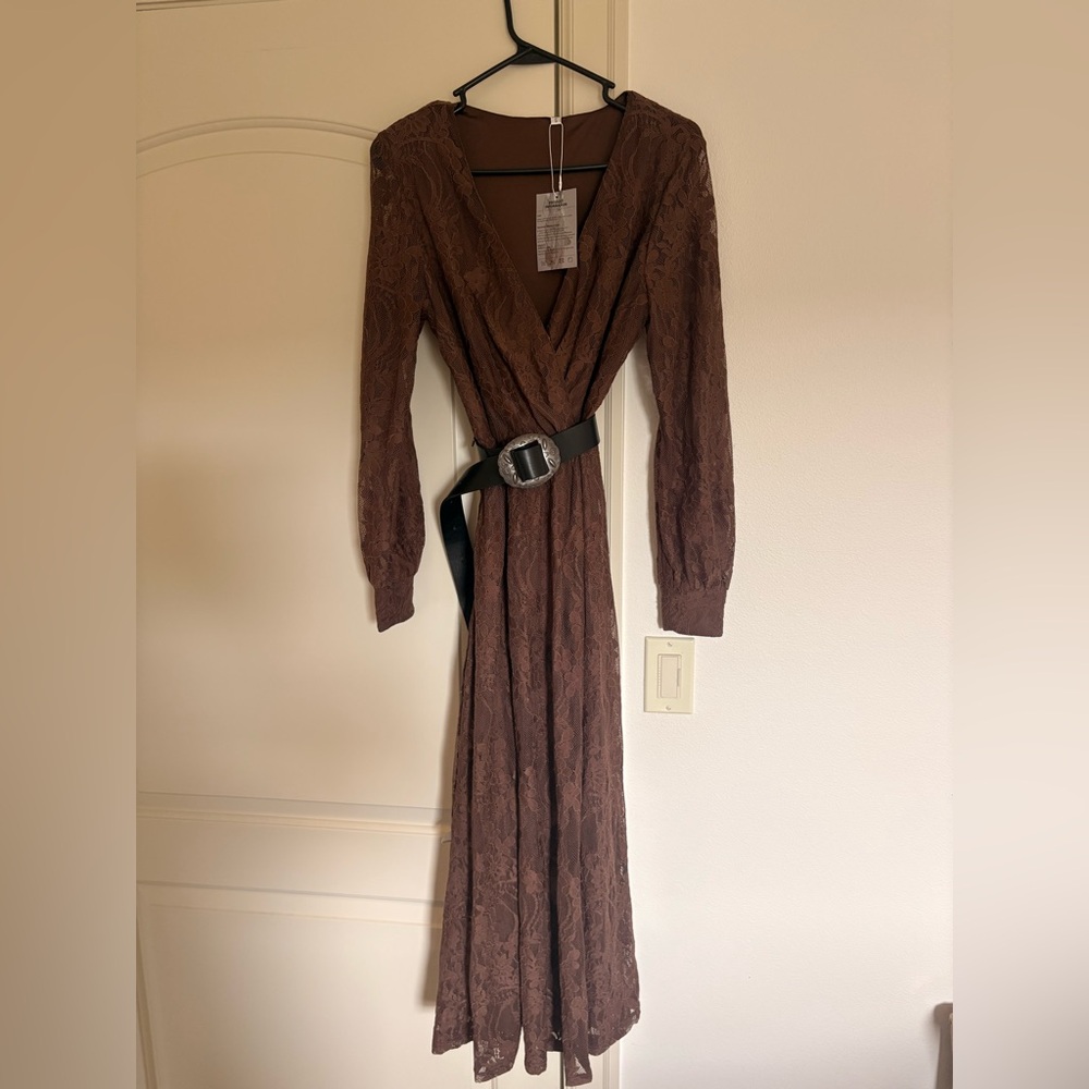 NWT OSPREY Brown Lace Maxi Dress with Front Slit